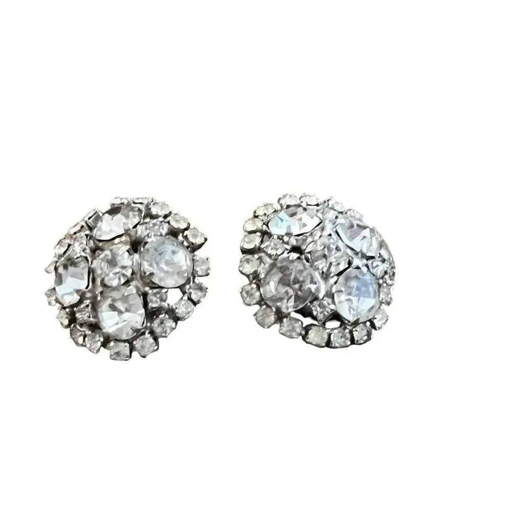 Vintage Formal Rhinestone Round Clip On Earrings Evening Bling